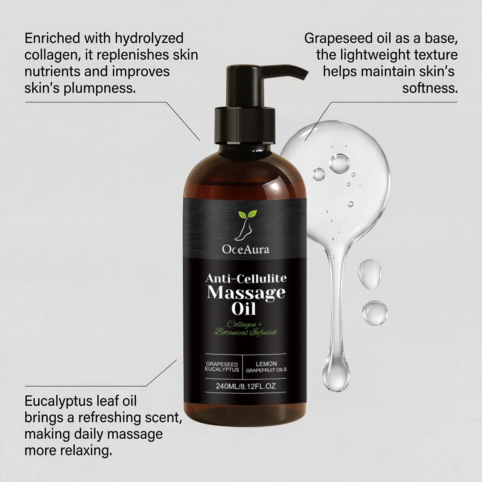 240ml Anti Cellulite Massage Oil Collagen Firming Grapefruit Essential Oil Tighten Abdomen Thigh Nourish Dry Skin Glowing